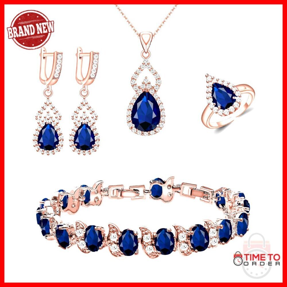 Platinum Plated Jewelry Set Elegant Adjustable Ring Necklace Bracelet Earrings